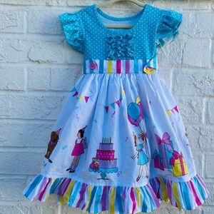 Eleanor Rose Birthday Party Dress Girls Size 3/4 Balloons Cake Colorful Stripe